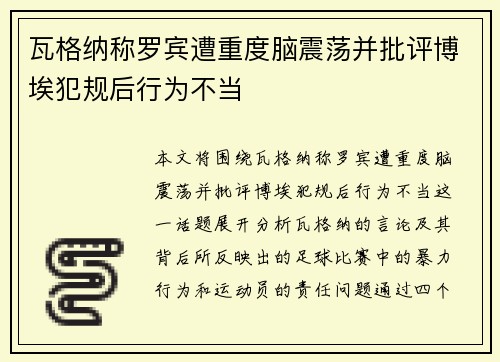 瓦格纳称罗宾遭重度脑震荡并批评博埃犯规后行为不当