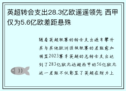 英超转会支出28.3亿欧遥遥领先 西甲仅为5.6亿欧差距悬殊